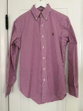 Ralph Lauren Women’s Classic Fit Burgandy and White Striped Button-Down Shirt